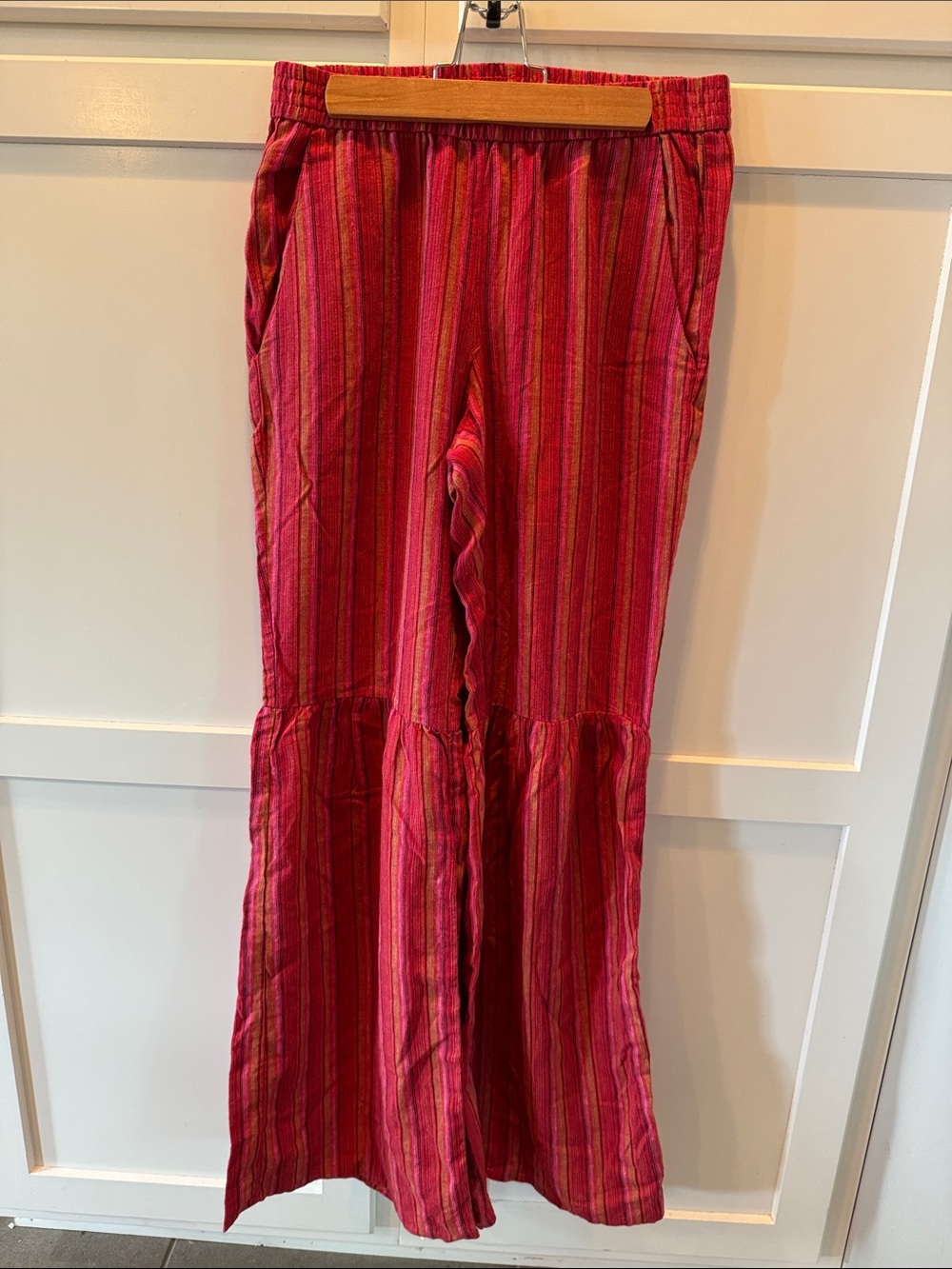 DREW Pink & Red Striped Cotton Blend Flare Pants